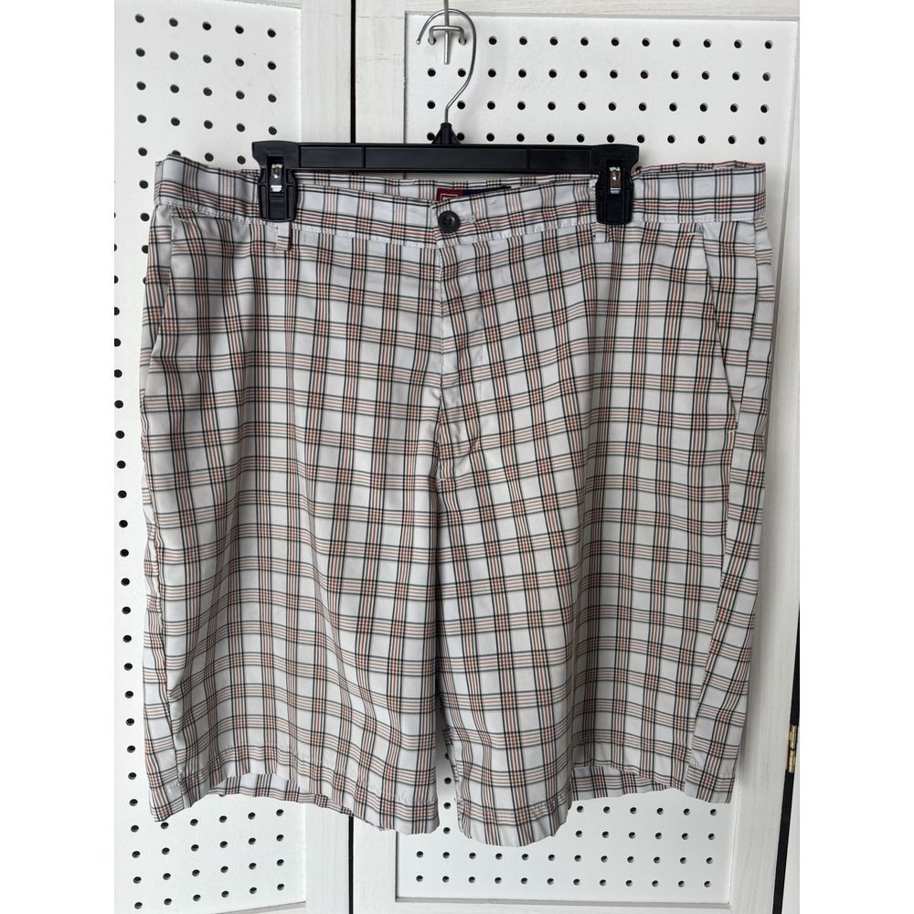 Men's CHAPS Shorts Size 38 Tan Beige Orange Plaid Golf‎ Casual Polyester Spandex